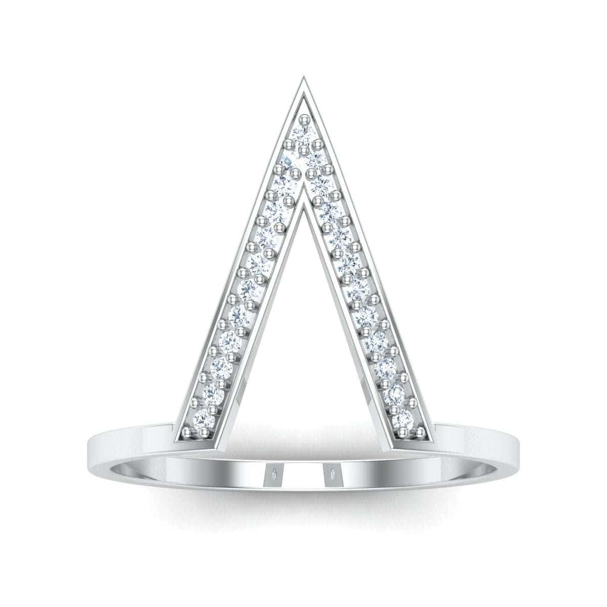 Silver V-shaped ring with diamond accents.