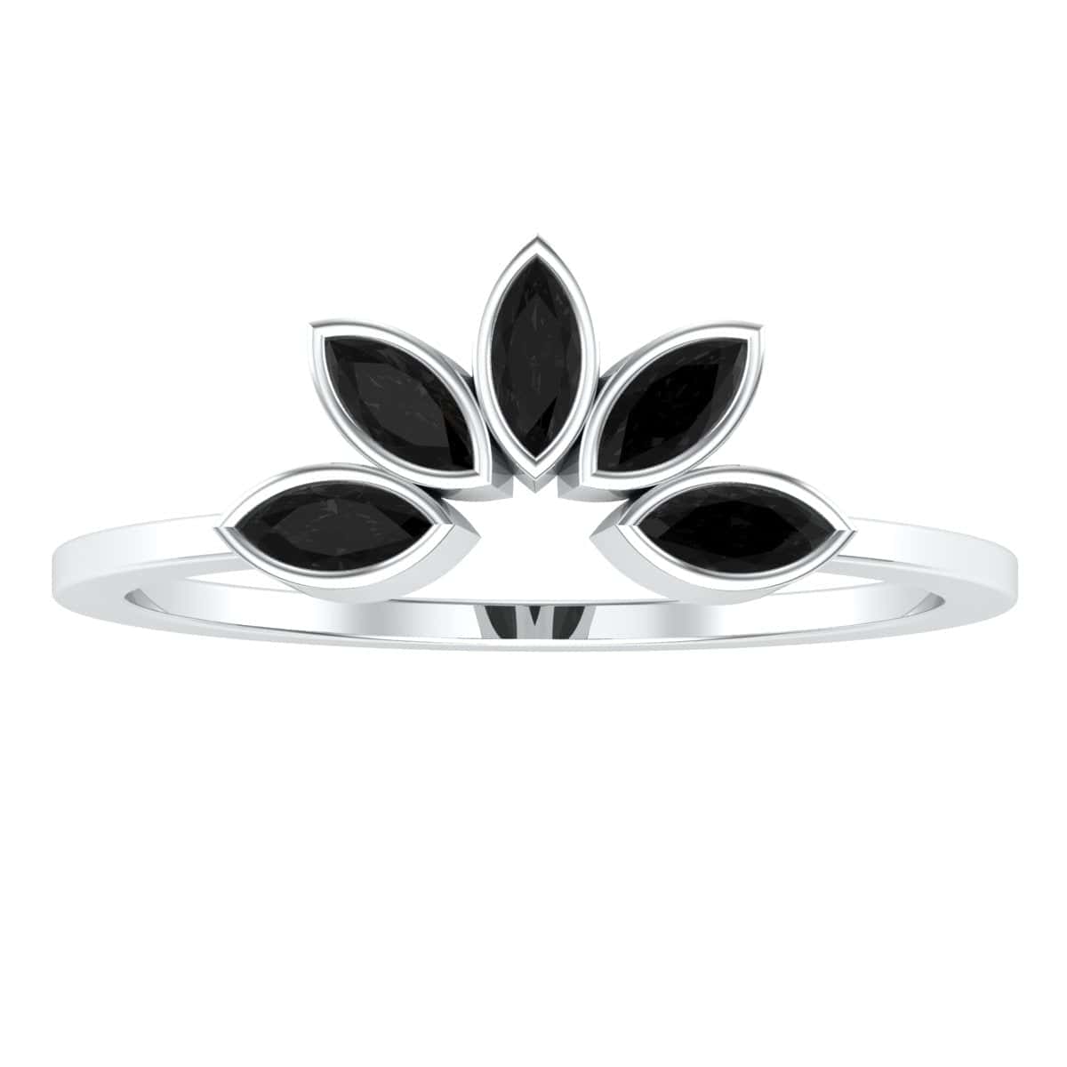 Elegant sunflower ring with black gemstone petals on a silver band.