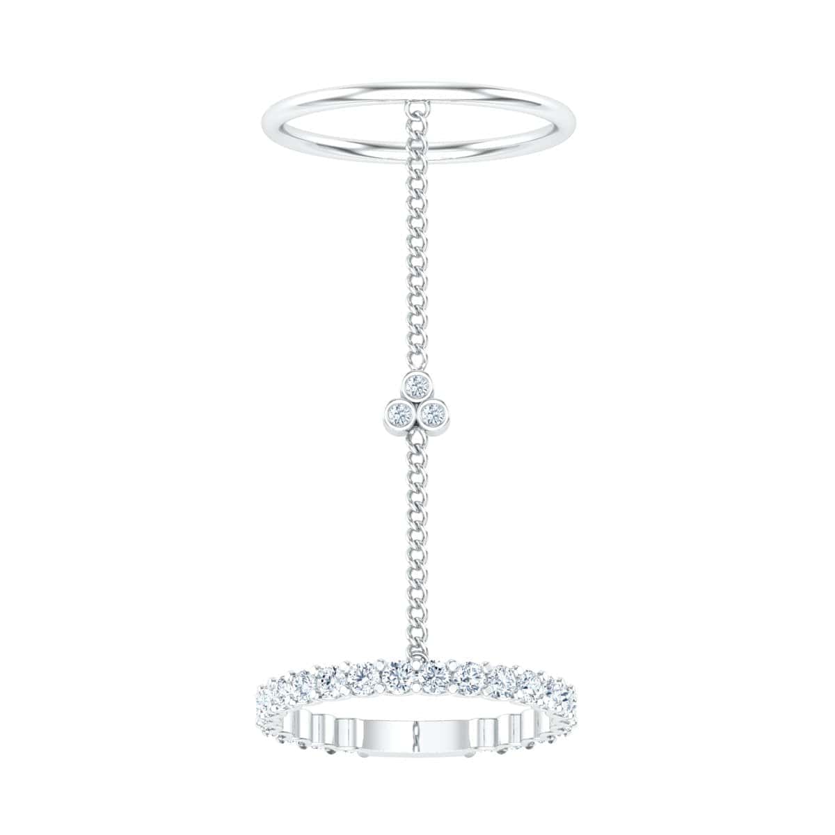 Elegant dual ring with a connecting chain and crystal accents.