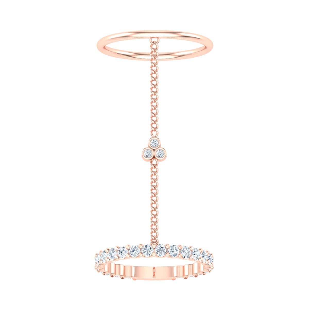 Elegant dual ring with connecting chain and diamond accents.