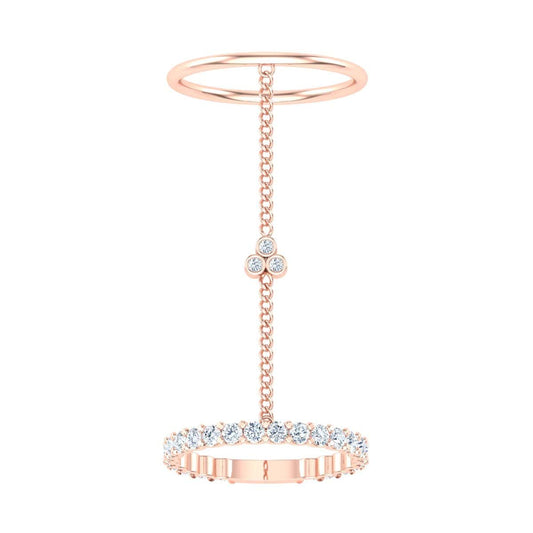 Elegant dual ring with connecting chain and diamond accents.
