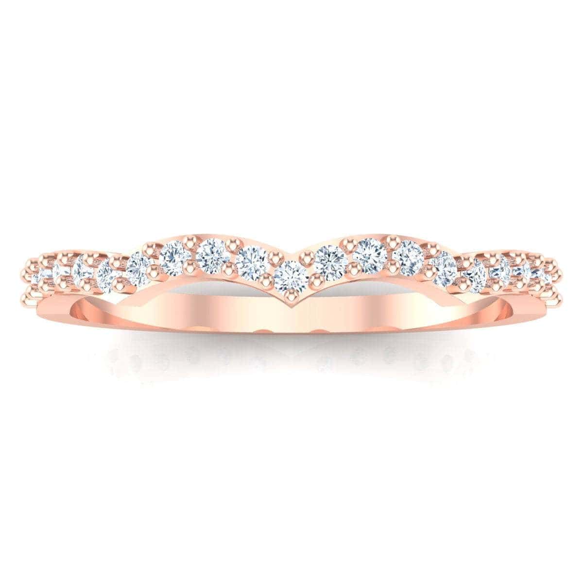 Rose gold band with diamond-encrusted peaks, Three Peak Ring.