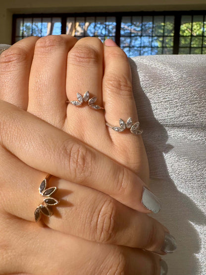Sunflower Ring with delicate petal design on fingers.