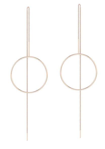 Circle thread earrings with minimalist design and delicate chain.