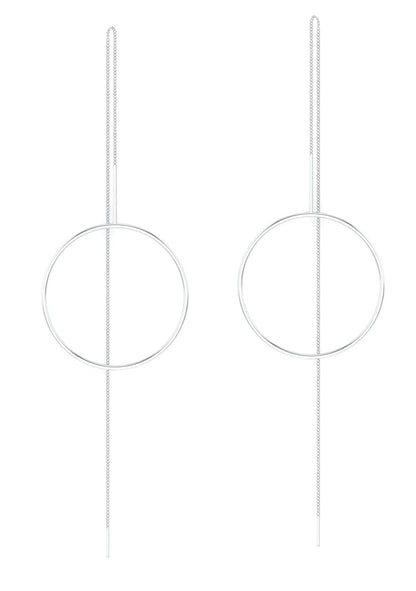 Circle thread earrings with minimalist circular design.