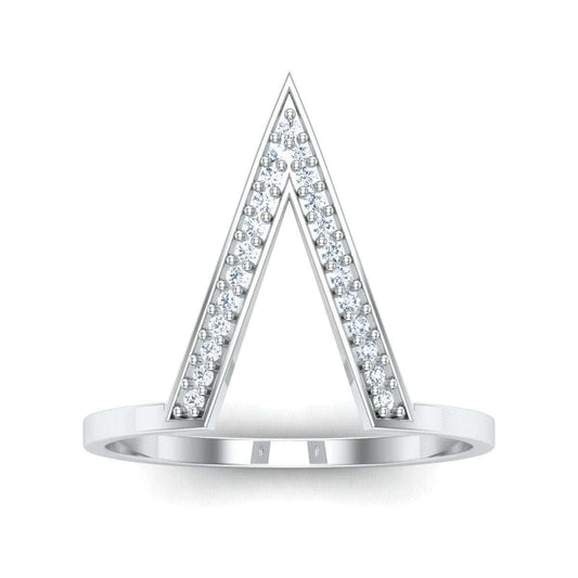 Silver V-shaped ring with diamond accents.