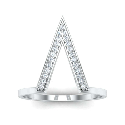Silver V-shaped ring with diamond accents.