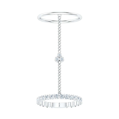 Elegant dual ring with a connecting chain and crystal accents.